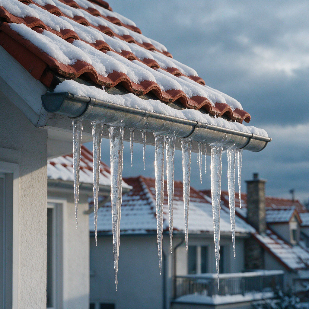 Lange Eiszapfen hängen an der Dachrinne eines verschneiten Ziegeldachs